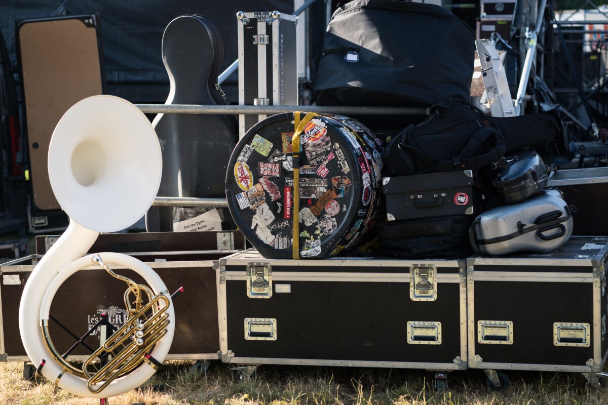 Concert equipment in cases on stage