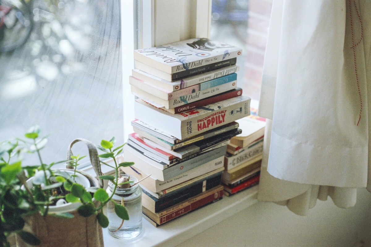 A stack of books in a window