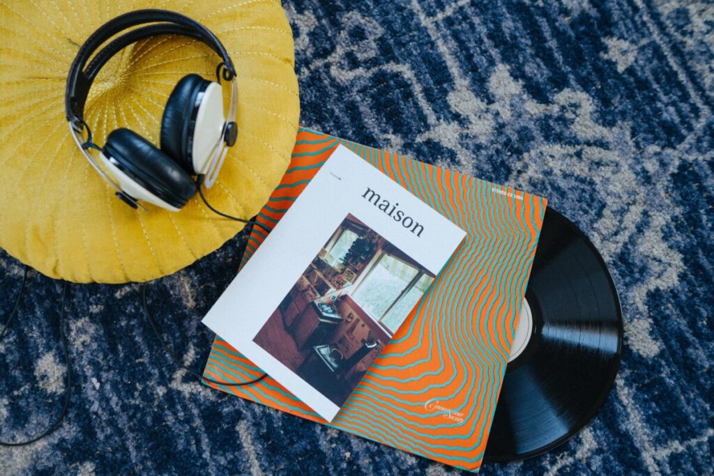 Magazine and headphones  and vinyl record